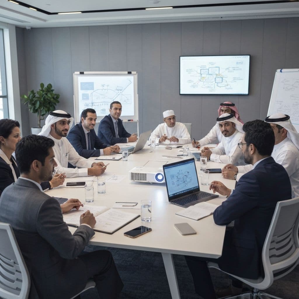 Saudi business leaders conducting strategic planning session for Vision 2030 implementation