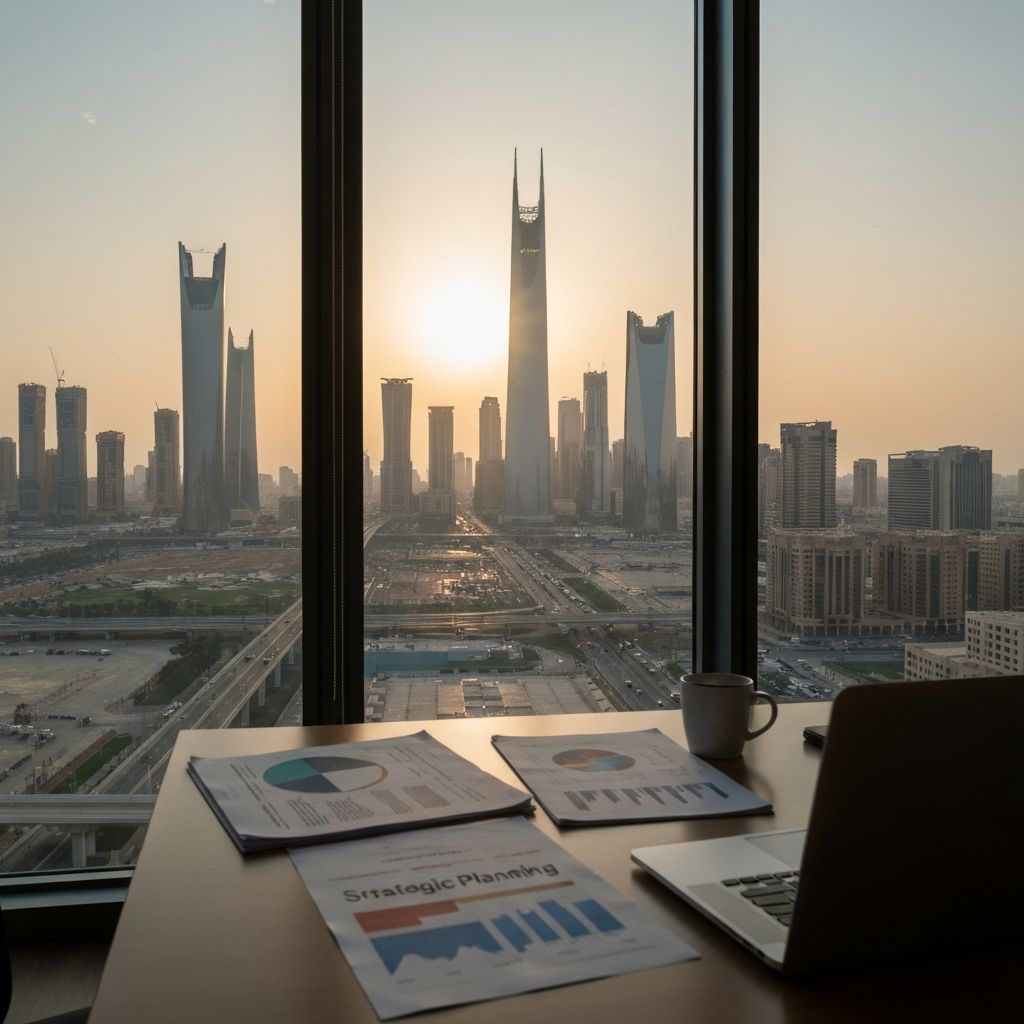 نتائج التخطيط الاستراتيجي الناجح - مشهد أفق الرياض الحديث مع وثائق تخطيط استراتيجي